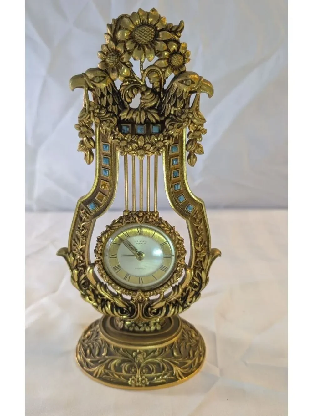 Vintage Lancel Paris 8 Day Lyre Alarm Clock Gilt Brass Turquoise Cabochons